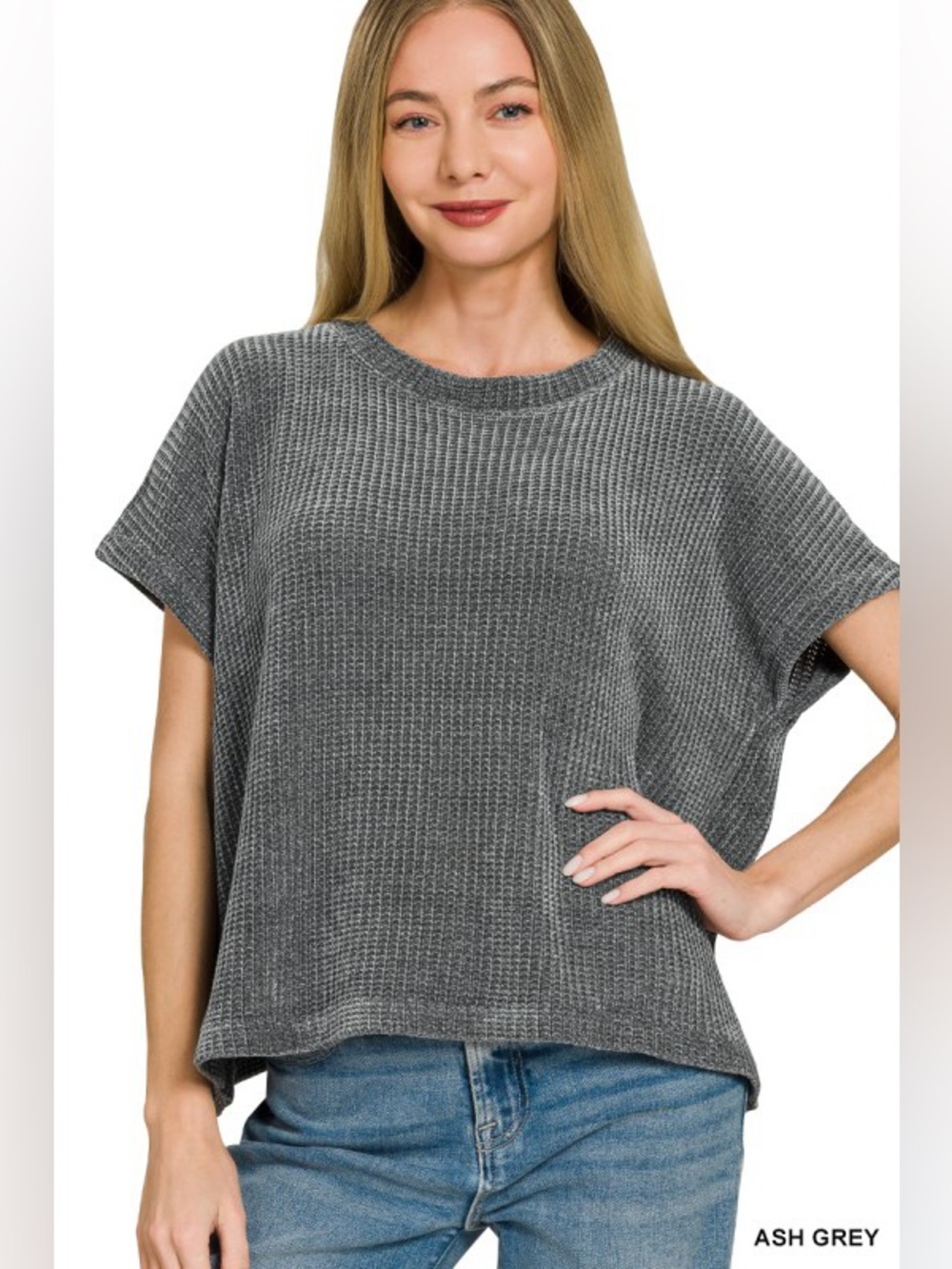 Ash Grey Zenana CHENILLE WAFFLE CAP SLEEVE SWEATER